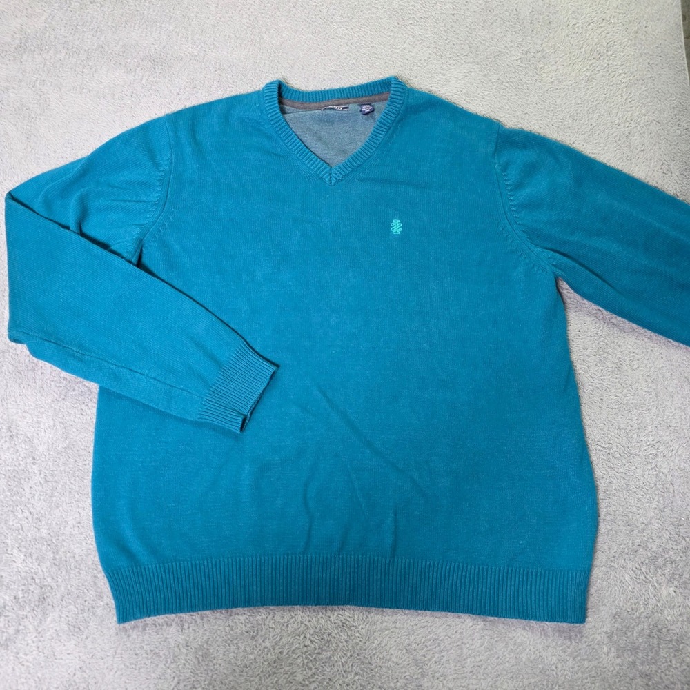 Izod‎ Mens XXL V-Neck Sweater Teal Blue Cotton Blend Embroidered Logo Pullover